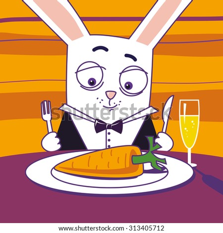 Rabbit dressed in black suit is seated. He is holding a fork and knife. There are on the table a glass of champagne and a plate with a carrot. All on orange background.