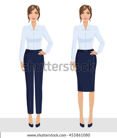 Elegant pretty business woman in formal clothes. Base wardrobe, feminine corporate dress code. Collection of full length portraits of business woman. Vector illustration isolated on white.