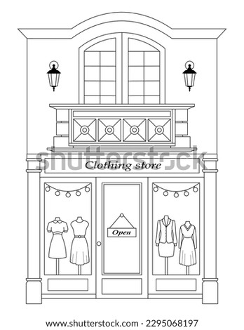 Women's clothing store. Exterior. Black and white vector graphics.