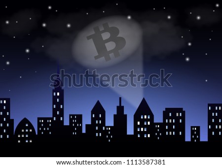 The light from the searchlight shows the crypto-currency bitcoin over the night city.
