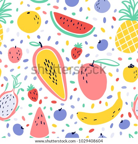 Vector tropical fruit background with pineapple, mango, watermelon, dragon fruit, banana, papaya. Summer exotic fruit seamless pattern with memphis style elements