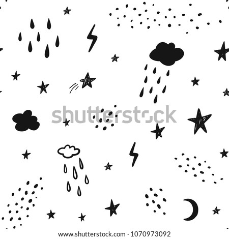 Hand drawn black and white abstract seamless pattern. Rain, stars, clouds, lightning, space background