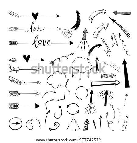 Handdrawn arrows, borders set with hearts, love. Vector icon.