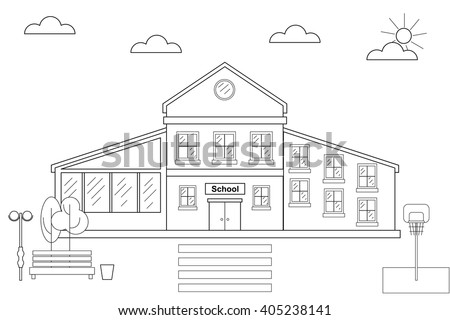 School and education. Linear school building with basketball ring, bench, trees and light.