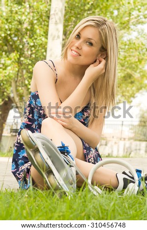 teenage girl with skates and helmets of music