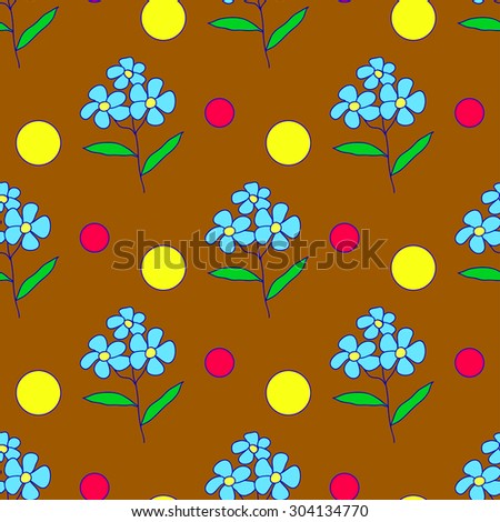 Seamless pattern of blue doodle flowers, yellow and red dots on brown background