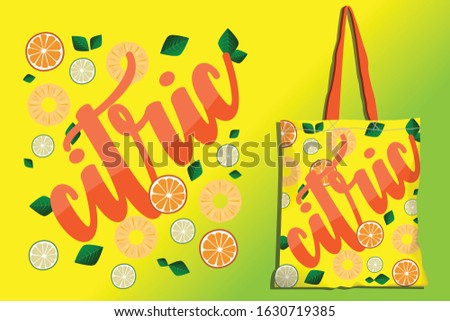 Reusable fabric bag vector: citic letters with tropicals leaves and fruit slices background for fabric pattern. Fabric stamp design for reuse bag.
