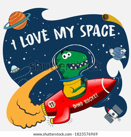 dino play with his rocket toy with the tittle I Love my Space. dino imagine that plying in the space. vector illustration for kids