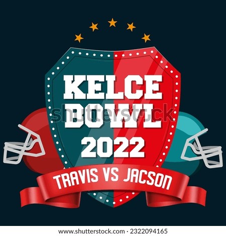 shield with the name of Kelce Bowl. Two helmets decorate it and a tape announces the names of the players Travis and Jacson.