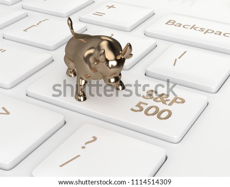 3d render closeup of computer keyboard with bull and S&P 500  index button. Stock market indexes concept.  商業照片 © 
