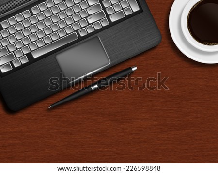 laptop keyboard, pen and cup of coffee on wooden desk with place for text