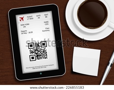 tablet with boarding pass, cup of coffee, pen and white blank lying on wooden desk