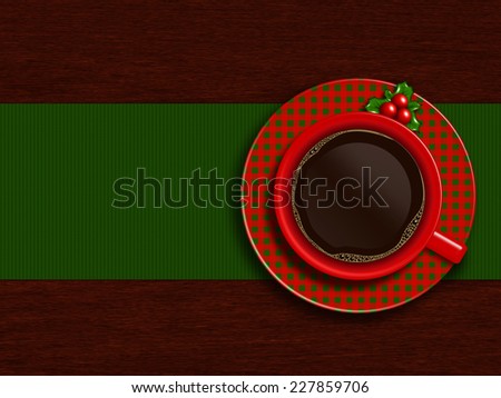 christmas cup of coffee with holy lying on wooden table and place for text