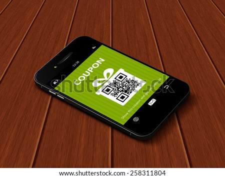 mobile phone with discount coupon lying on wooden table