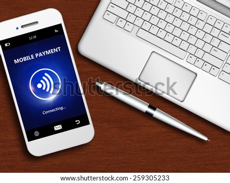mobile phone with mobile payment lying on wooden desk with place for text
