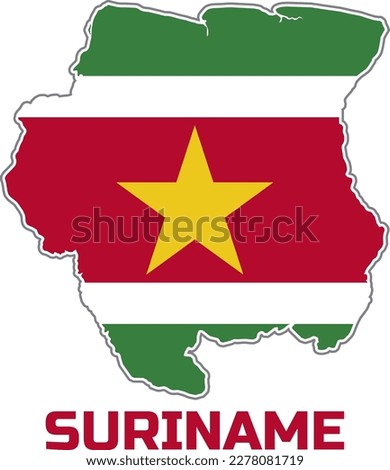  Map of the country of SURINAME in the colors of the flag of the country of SURINAME.  With the caption of the country name 