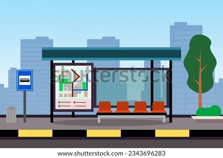 Bus stop with shelter on city street. Urban landscape with public transport station and buildings in background. Vector cartoon illustration.