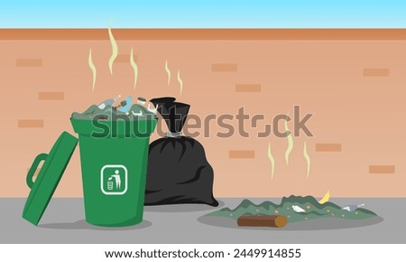Piles of rubbish on city streets. Black trash bags and garbage container with unsorted trash. Vector illustration.