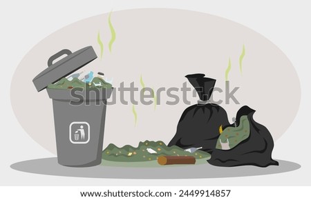 Rubbish and trash bags lying around dump. Black trash bags and garbage container with unsorted trash. Vector illustration.