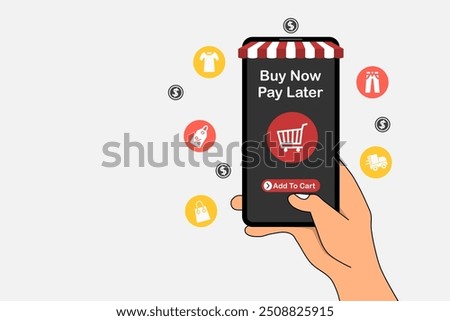 Hand holding a smartphone for online shopping with payment later. Buy now pay later online shopping concept. Vector illustration.