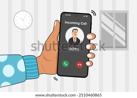 Hand holding a smartphone with incoming call from Boss at night after business hours. Right to disconnect concept. Vector illustration.