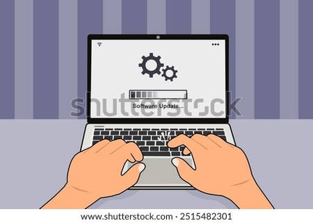 A laptop on the table with updating progress bar on screen. Software system update process concept. Vector illustration.