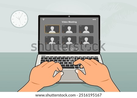 Man using a laptop for online meeting or learning with video conference. Vector illustration.