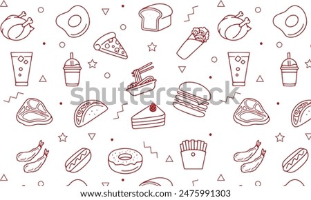 Fast food seamless pattern with vector line icons of hamburger, pizza, hot dog, beverage, cheeseburger. Restaurant menu background, tasty unhealthy lunch	