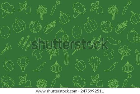 Food background, vegetables seamless pattern. Healthy eating - tomato, garlic, carrot, pepper, broccoli, cucumber line icons. Vegetarian, farm grocery store vector illustration, green white color	