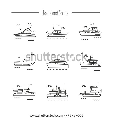 Set of contour icons of ships, yachts, boats.