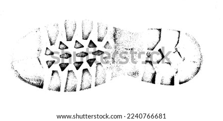 Shoe print, silhouette on snow, isolated, distressed, uneven. Vector print texture. Design element. Dirt splash grunge texture