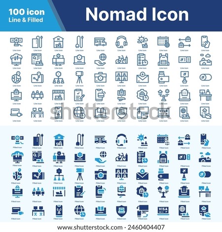 Nomad line and fill icon pack. Nomad  line and fill collection. 100 Nomad  outline and filled icon set.