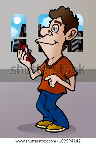 Illustration of a young man with brown shirt try calling using phone mobile on home background