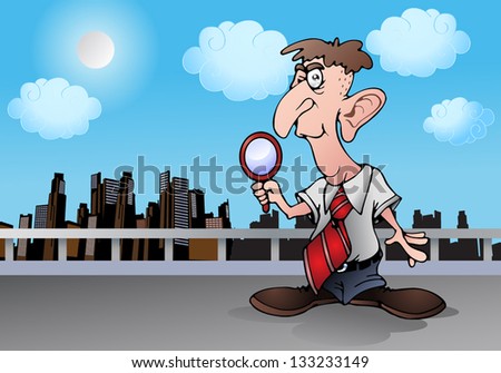 illustration of a private detective hold magnifying glass on city background