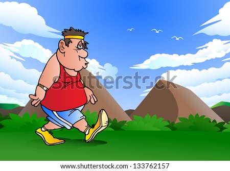 illustration of a fat man exhausted doing jogging  on nature