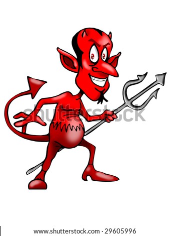 Hideous Red Satan Grimace Holding Big Three Headed Spear With It Mouth ...