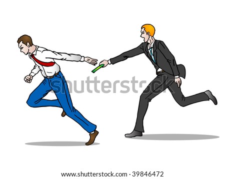 two businessman running and carrying green stick