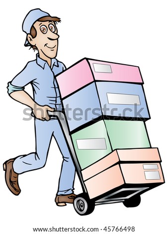 illustration of delivery service; delivery man with hand truck, isolated on a white background