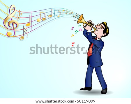 Man in suit standing and playing trumpet melody over music background