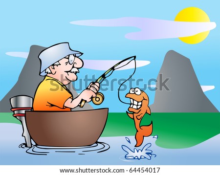 An Old Man Fishing On Boat In Nature Background Illustration - 64454017 ...