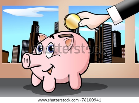 money drooping  in a cute pig bank on city background
