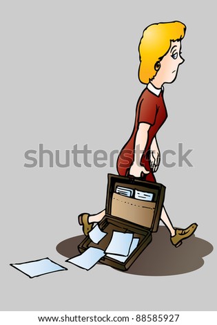 illustration of a sleepy business woman hold opened suitcase going to work in the morning