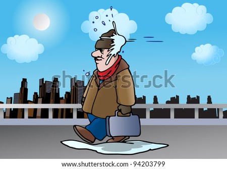 illustration of a man hit by snowball from behind on winter