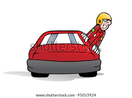 illustration of a formula car driver on car wearing uniform suit ready to race