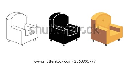 Sofa chair 3d view in line art and bold icon. Colorful vector illustration 