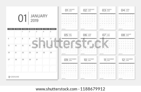 Calendar 2019 week start Sunday corporate design template vector.