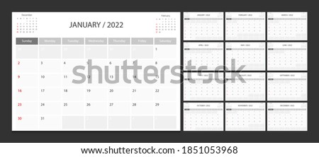 Calendar 2022 week start Sunday corporate design planner template.