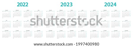 Calendar 2022, calendar 2023, calendar 2024 week start Monday corporate design planner template.