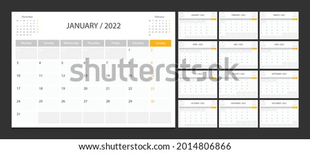 Calendar 2022 week start Monday corporate design planner template.