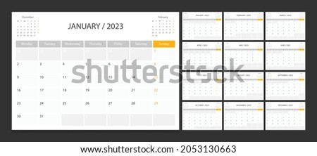 Calendar 2023 week start Monday corporate design planner template.